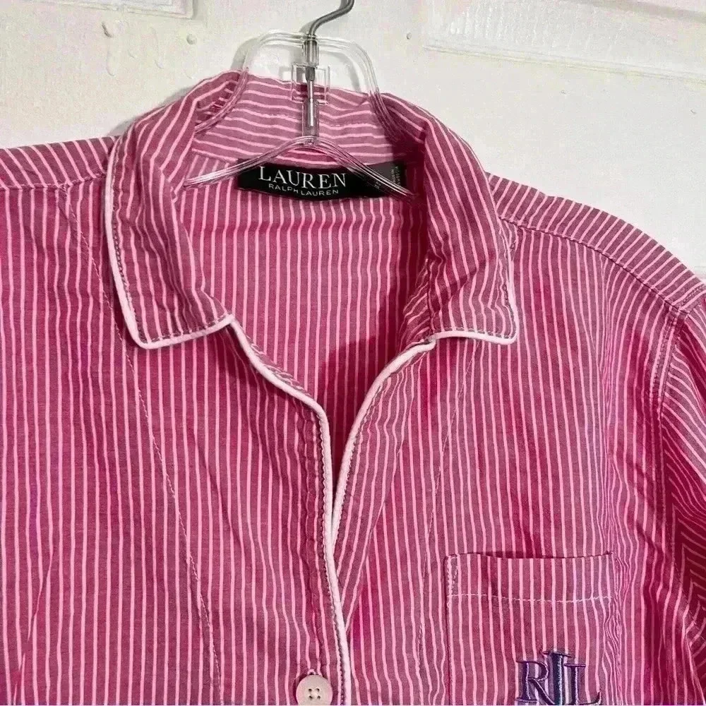 Lauren Ralph Lauren Pink and white Pajama Button Down top with blue | size small